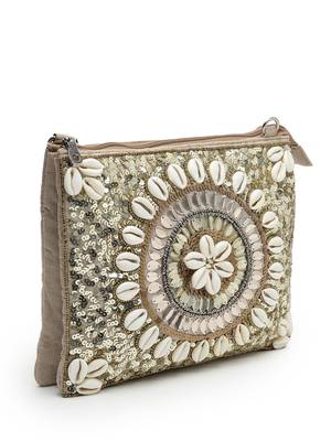 boho camel brown & gold seashell embellished cotton jacquard sling bag 6