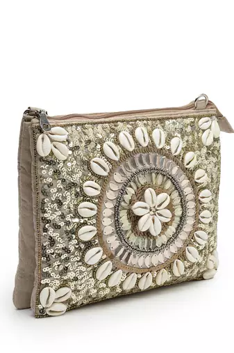 boho camel brown & gold seashell embellished cotton jacquard sling bag