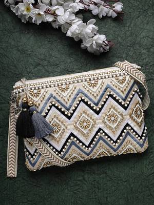boho cream & gold chevron embellished cotton jacquard sling bag 1