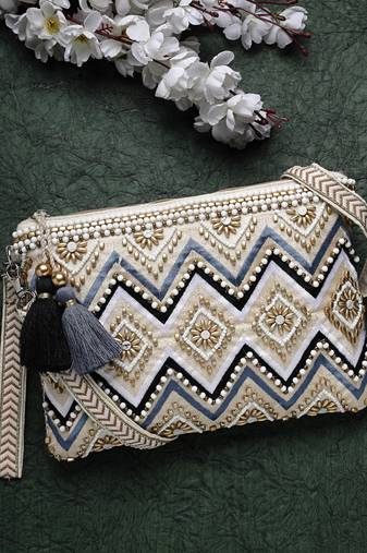 boho cream & gold chevron embellished cotton jacquard sling bag