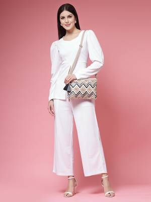 boho cream & gold chevron embellished cotton jacquard sling bag 3