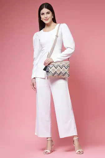 boho cream & gold chevron embellished cotton jacquard sling bag
