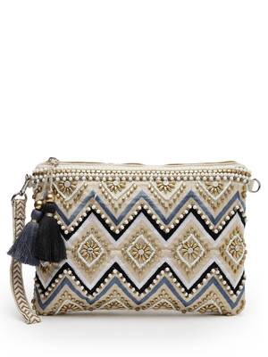 boho cream & gold chevron embellished cotton jacquard sling bag 4