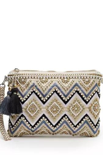 boho cream & gold chevron embellished cotton jacquard sling bag