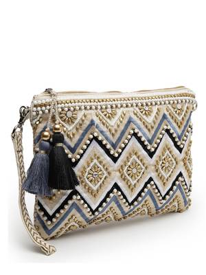 boho cream & gold chevron embellished cotton jacquard sling bag 6