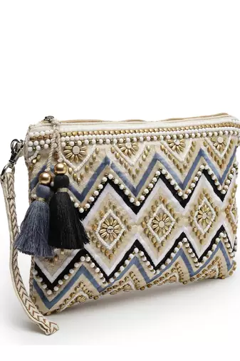 boho cream & gold chevron embellished cotton jacquard sling bag