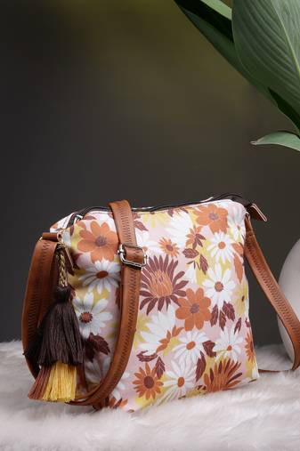 lush dusty pink & multi floral printed polycotton sling bag