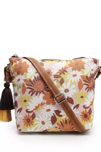 lush dusty pink & multi floral printed polycotton sling bag
