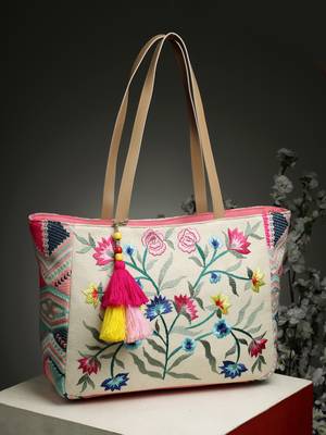lush natural & multi floral embroidered cotton jacquard tote bag 1