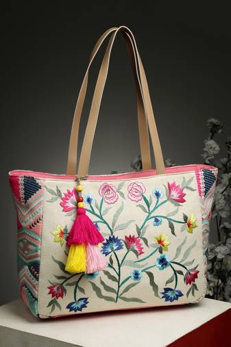 lush natural & multi floral embroidered cotton jacquard tote bag