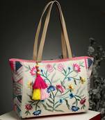 lush natural & multi floral embroidered cotton jacquard tote bag