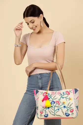 lush natural & multi floral embroidered cotton jacquard tote bag
