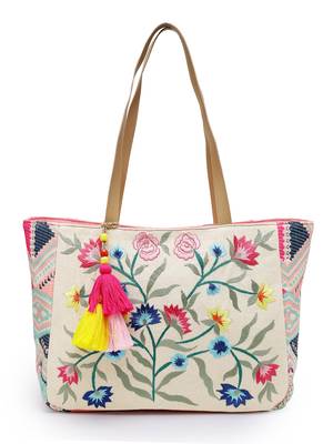 lush natural & multi floral embroidered cotton jacquard tote bag 4