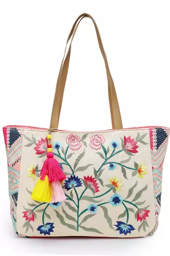 lush natural & multi floral embroidered cotton jacquard tote bag