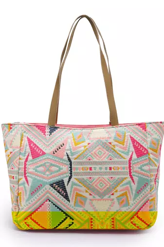 lush natural & multi floral embroidered cotton jacquard tote bag