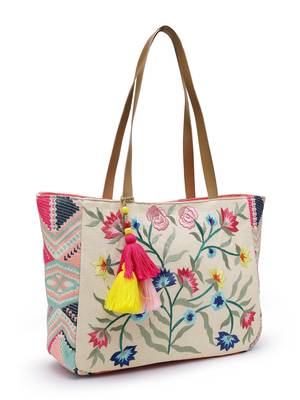 lush natural & multi floral embroidered cotton jacquard tote bag 6