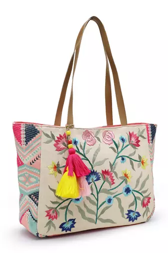 lush natural & multi floral embroidered cotton jacquard tote bag