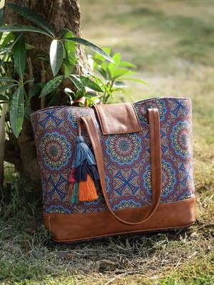 tribal navy & tan mandala printed polycotton tote bag 1