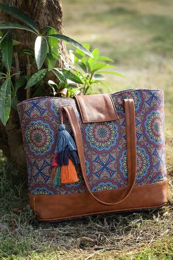tribal navy & tan mandala printed polycotton tote bag