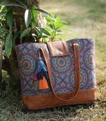 tribal navy & tan mandala printed polycotton tote bag