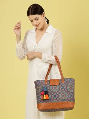 tribal navy & tan mandala printed polycotton tote bag 3