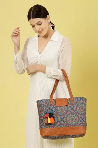 tribal navy & tan mandala printed polycotton tote bag