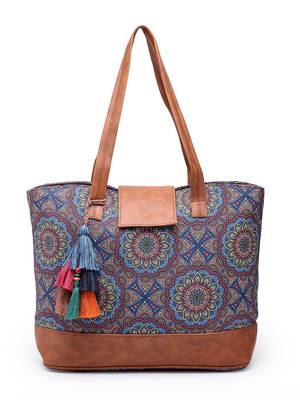 tribal navy & tan mandala printed polycotton tote bag 4
