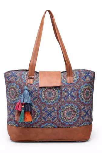 tribal navy & tan mandala printed polycotton tote bag