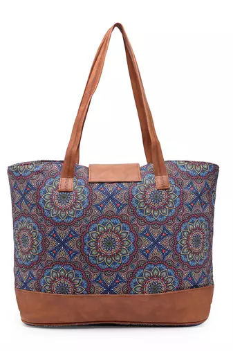 tribal navy & tan mandala printed polycotton tote bag
