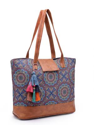 tribal navy & tan mandala printed polycotton tote bag 6