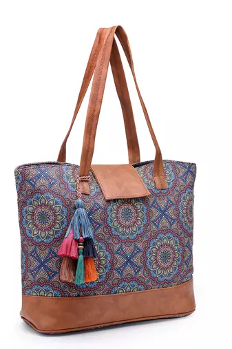 tribal navy & tan mandala printed polycotton tote bag