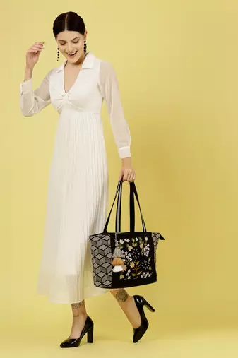 lush black & beige floral embroidered cotton jacquard tote bag