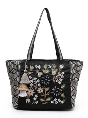 lush black & beige floral embroidered cotton jacquard tote bag 1