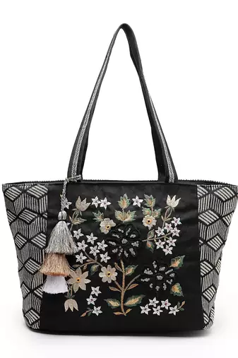 lush black & beige floral embroidered cotton jacquard tote bag