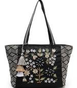 lush black & beige floral embroidered cotton jacquard tote bag