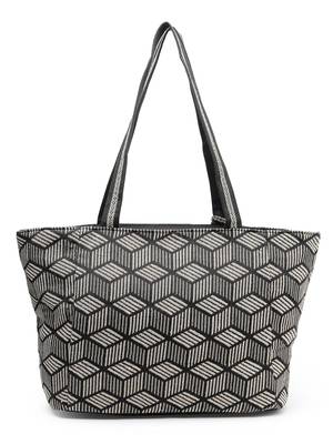 lush black & beige floral embroidered cotton jacquard tote bag 4
