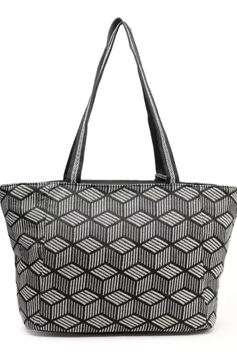 lush black & beige floral embroidered cotton jacquard tote bag
