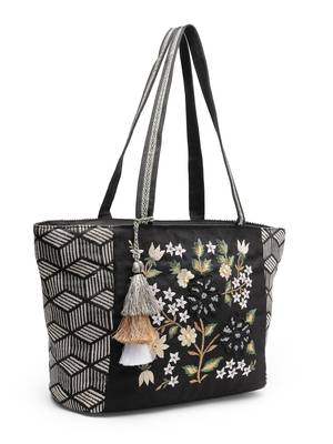 lush black & beige floral embroidered cotton jacquard tote bag 5