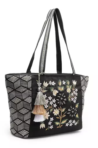 lush black & beige floral embroidered cotton jacquard tote bag