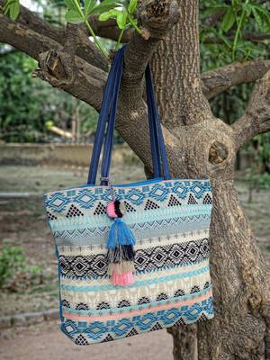 geomat turquoise blue & multi ethnic cotton jacquard tote bag 1