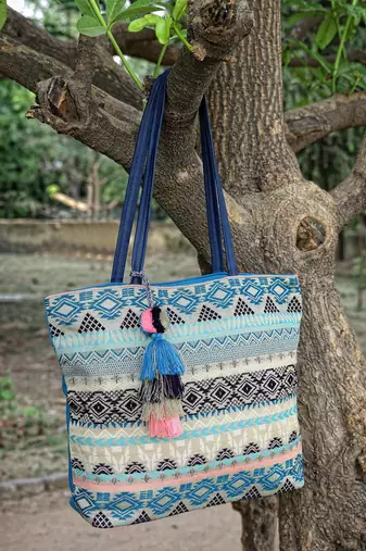 geomat turquoise blue & multi ethnic cotton jacquard tote bag