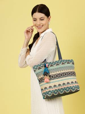 geomat turquoise blue & multi ethnic cotton jacquard tote bag 2
