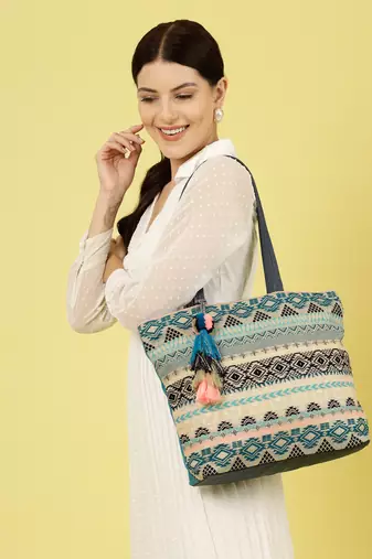geomat turquoise blue & multi ethnic cotton jacquard tote bag