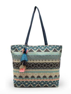 geomat turquoise blue & multi ethnic cotton jacquard tote bag 3