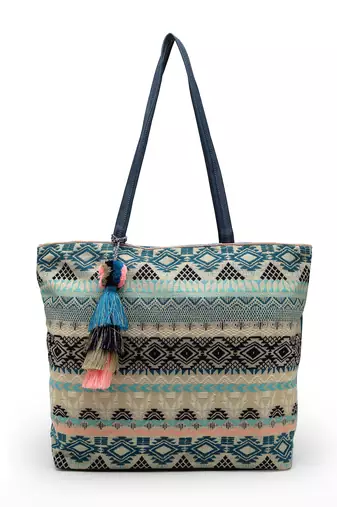 geomat turquoise blue & multi ethnic cotton jacquard tote bag