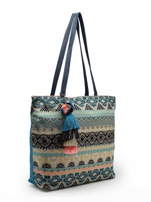geomat turquoise blue & multi ethnic cotton jacquard tote bag 5