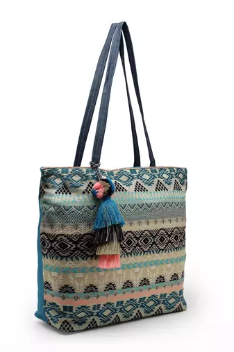 geomat turquoise blue & multi ethnic cotton jacquard tote bag