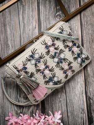 kooky natural & multi floral embellished handloom cotton canvas sling bag 1