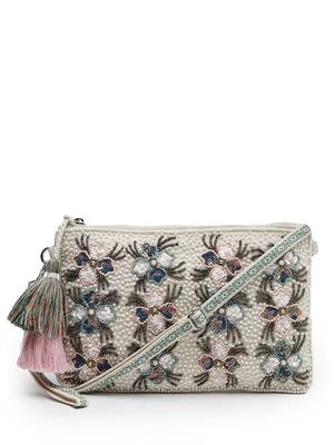 kooky natural & multi floral embellished handloom cotton canvas sling bag 4