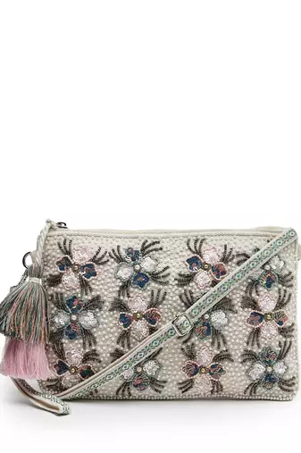 kooky natural & multi floral embellished handloom cotton canvas sling bag
